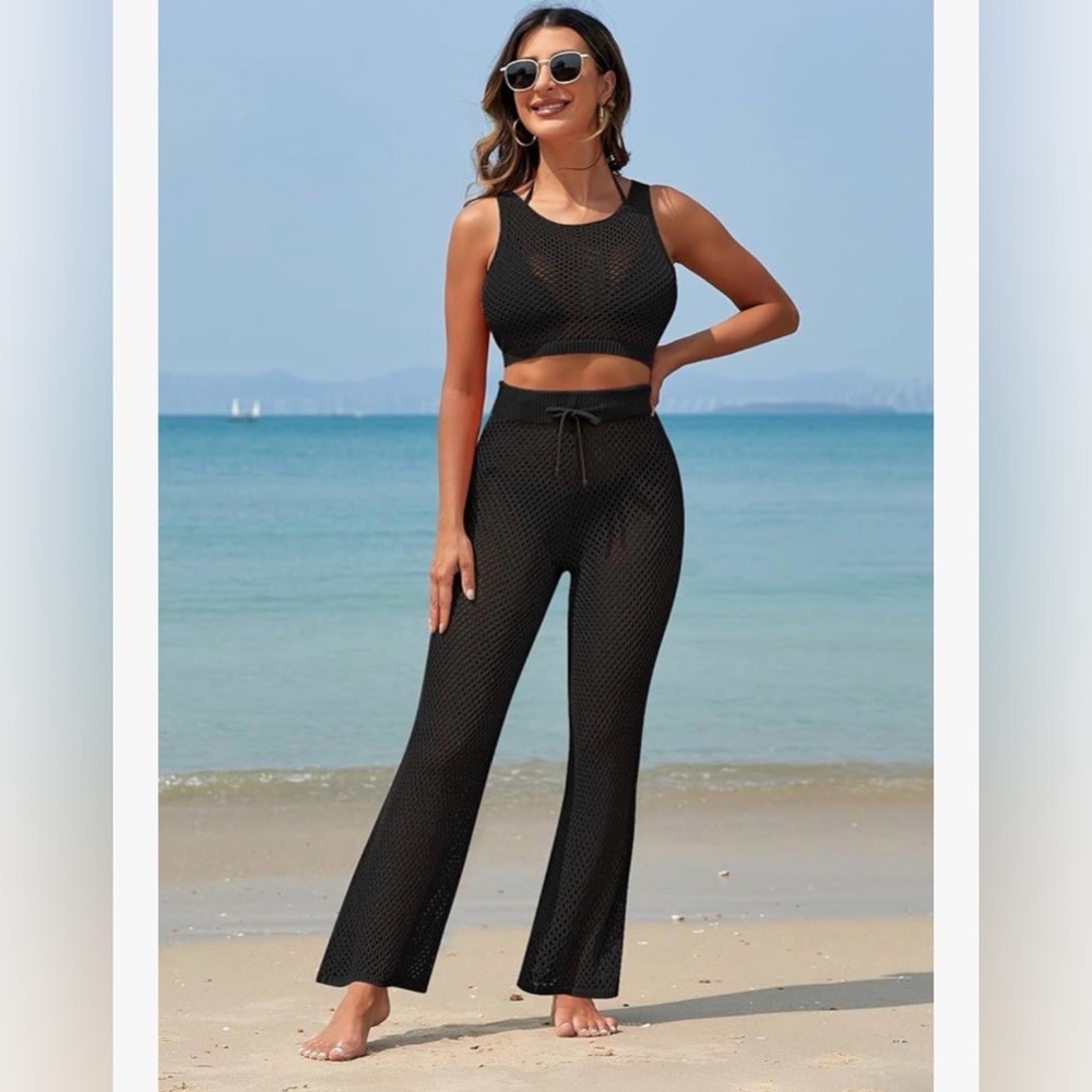 NEW Swimsuit Cover Up Set 2 Pc Crochet Sleeveless Crop Top Wide Leg Long Pants S - Picture 6 of 6
